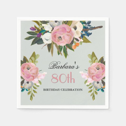 Elegant Handpainted Floral 80th Birthday Party スタンダードカクテルナプキン (正面)