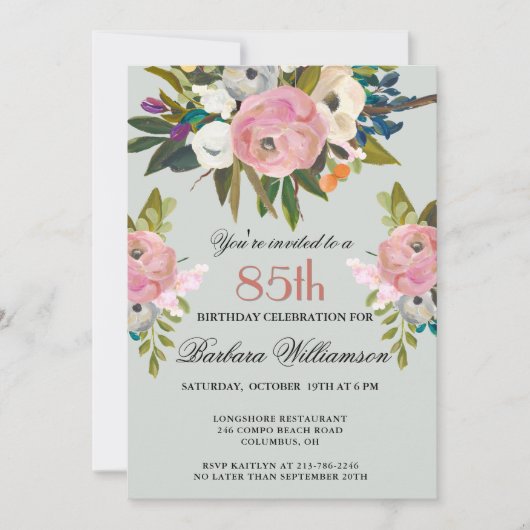 Elegant Handpainted Floral 85th Birthday Party  招待状 (正面)