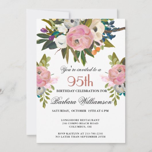 Elegant Handpainted Floral 95th Birthday Party  招待状 (正面)
