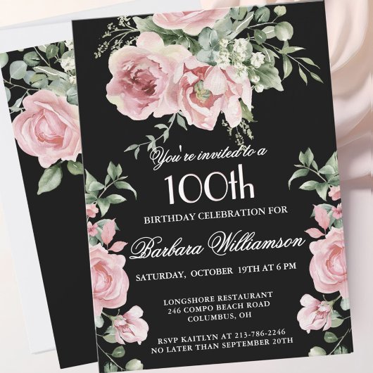 *Elegant Handpainted Roses 100th Birthday Party  招待状