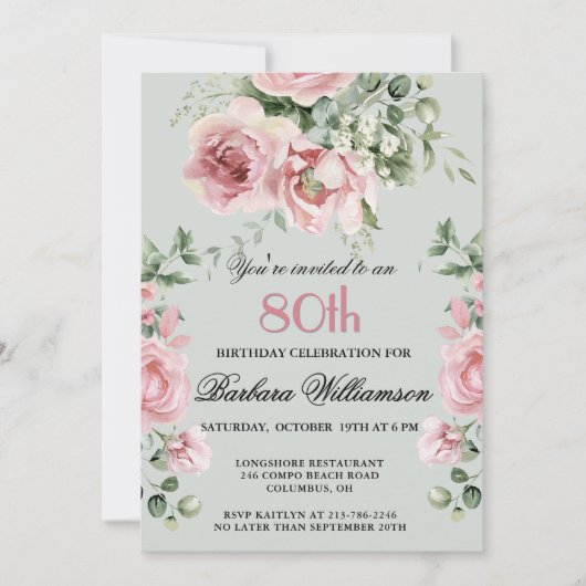 **Elegant Handpainted Roses 80th Birthday Party  招待状 (正面)