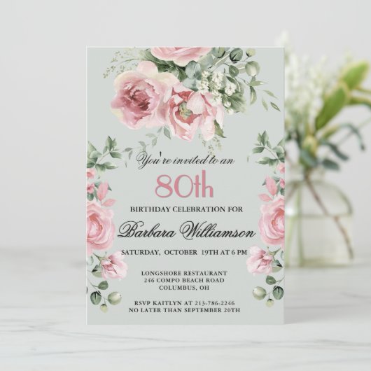 **Elegant Handpainted Roses 80th Birthday Party  招待状 (スタンド正面)