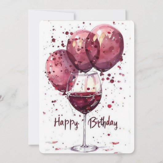 Elegant Happy Birthday Wine Glass Card | 水彩 招待状 (正面)