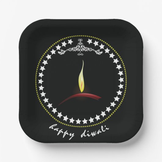 Elegant Happy Diwali Diya Flame Star Wreath ペーパープレート (正面)