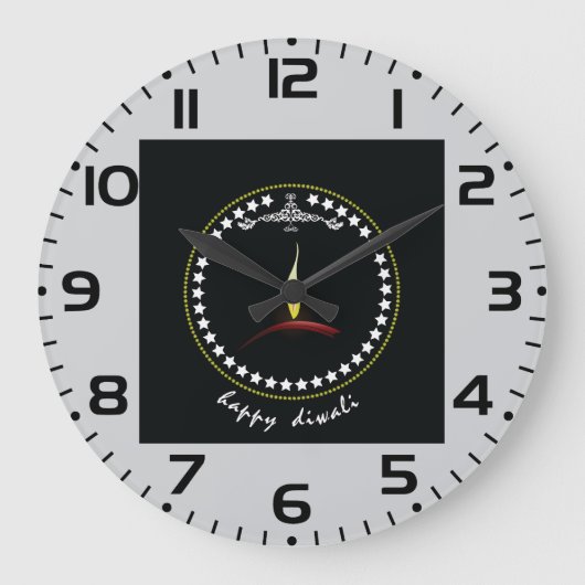 Elegant Happy Diwali Diya Flame Star Wreath ラージ壁時計 (正面)