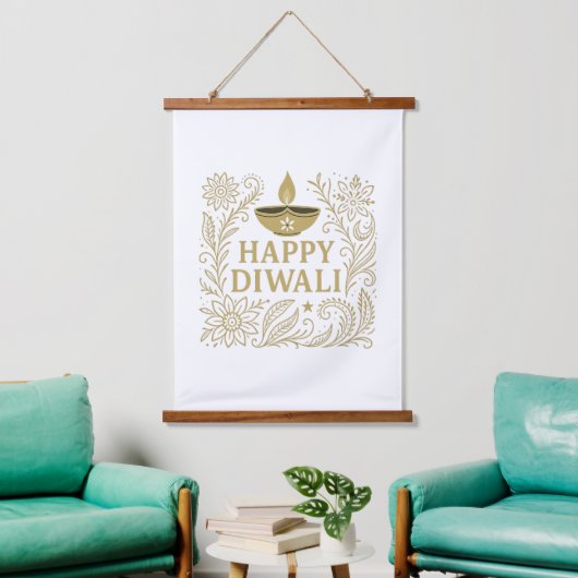 Elegant Happy Diwali Gold & Black Wall Tapestry 吊り下げ型タペストリー (リビング)