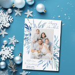 Elegant Happy Hanukkah Blue Botanical Family Photo シーズンカード<br><div class="desc">Beautiful blue watercolor botanical leaves spring out of your vertical Jewish family photograph for a Happy Hanukkah. Personalize this elegant Chanukah photo card with a 2nd horizontal picture on the back.</div>