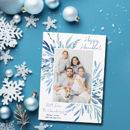 Elegant Happy Hanukkah Blue Botanical Family Photo シーズンカード