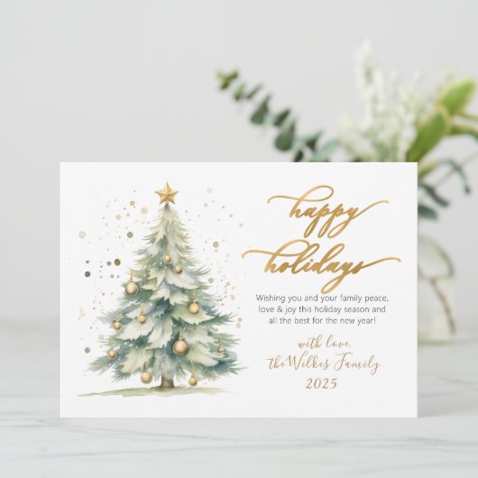 Elegant Happy Holidays Gold Script Christmas Tree シーズンカード (スタンド正面)