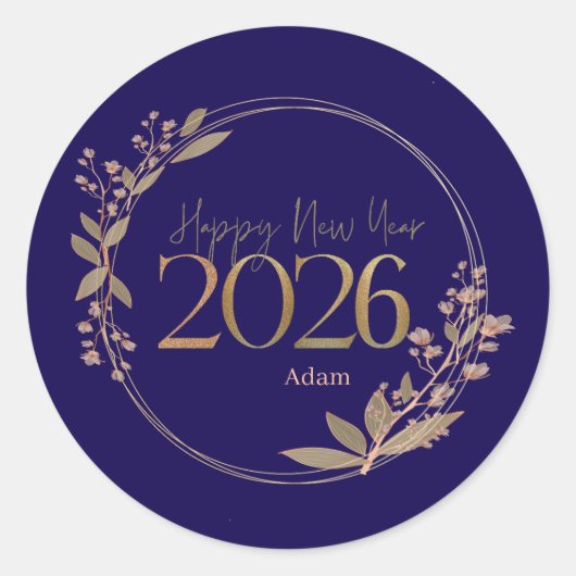 Elegant Happy New Year 2026 Blue & Gold Personaliz ラウンドシール (正面)