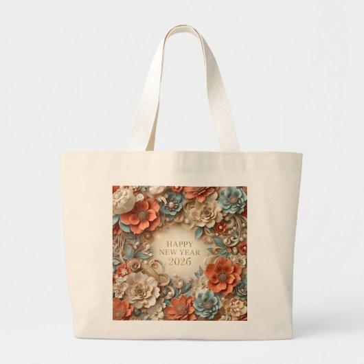 elegant happy new year 2026 floral tote bag ラージトートバッグ (正面)