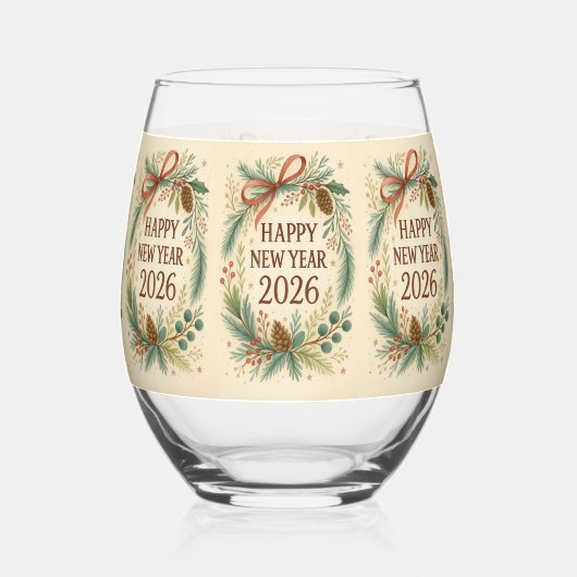 elegant happy new year 2026 hampagne glass ステムなしワイングラス (正面)