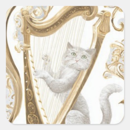 Elegant Harp Cat Sticker – Minimal Fantasy スクエアシール (正面)
