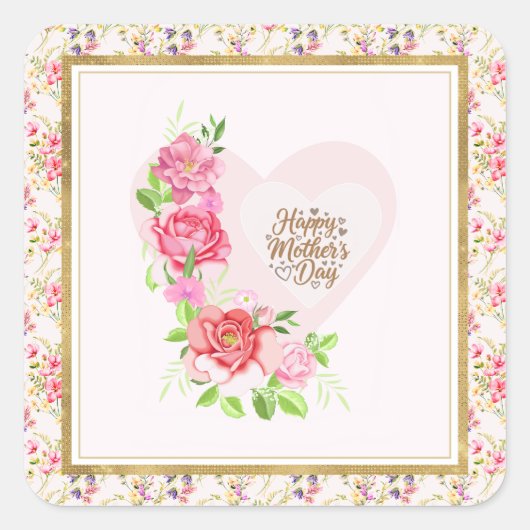 Elegant Heart Happy Mother’s Day – Rose Floral スクエアシール (正面)