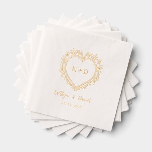 Elegant Heart Wreath Monogram Wedding Napkins 箔ナプキン (インサイチュ (積み重ね))