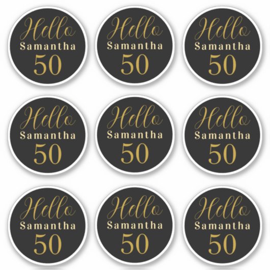Elegant Hello 50 ブラック ゴールド 名入れ 誕生日 シール (正面)