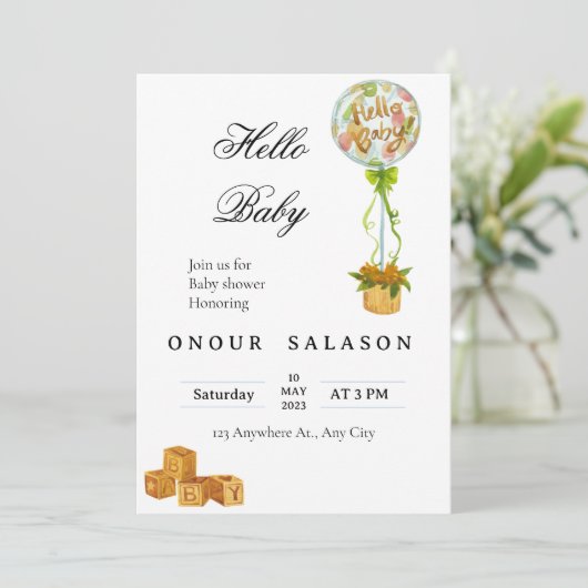 Elegant Hello Baby Balloon Shower Invitation 招待状 (スタンド正面)