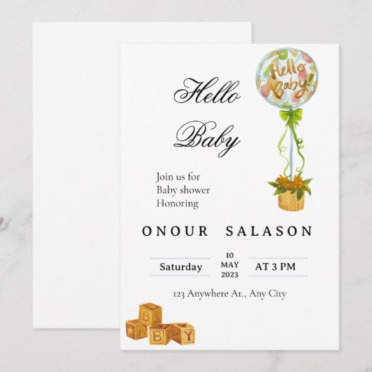 Elegant Hello Baby Balloon Shower Invitation 招待状 (正面/裏面)