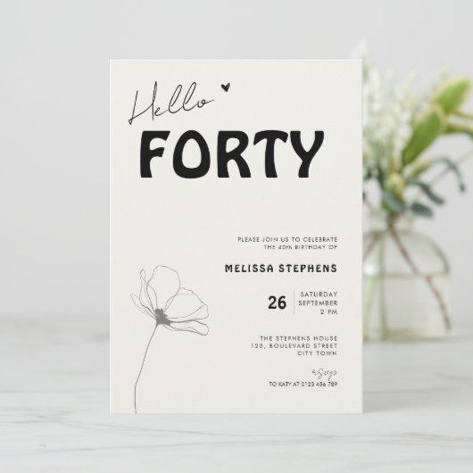 Elegant Hello Forty Bold Typography 40th Birthday 招待状 (スタンド正面)