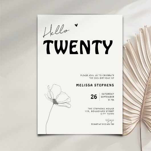 Elegant Hello Twenty Bold Typography 20th Birthday 招待状
