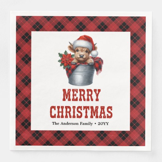 Elegant highland cow Christmas napkins buffalo  (正面)