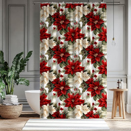 Elegant Holiday Curtain Red Bloom Bathroom Gift シャワーカーテン