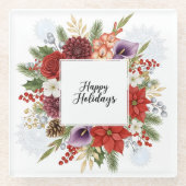 Elegant Holiday Floral Wreath Happy Holidays ガラスコースター (正面)
