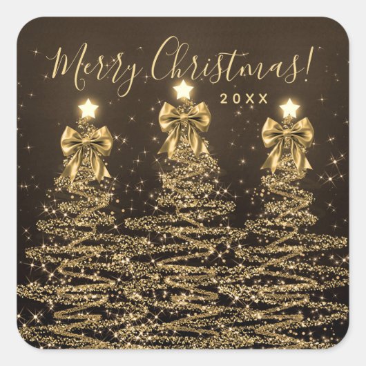 Elegant Holiday Gold Christmas Trees w/ Bows スクエアシール (正面)