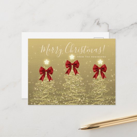 Elegant Holiday Gold Christmas Trees w/ Red Bows ポストカード (正面/裏面インサイチュ)