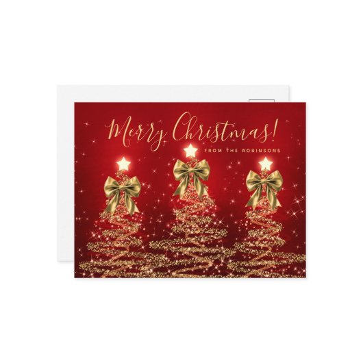 Elegant Holiday Gold Red Christmas Trees w/ Bows ポストカード (正面/裏面インサイチュ)