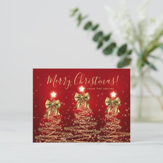 Elegant Holiday Gold Red Christmas Trees w/ Bows ポストカード (スタンド正面)