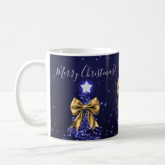 Elegant Holiday Navy Christmas Trees Bows Gold  コーヒーマグカップ (左)