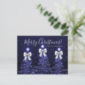 Elegant Holiday Navy Christmas Trees Silver Bows ポストカード (スタンド正面)