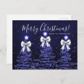 Elegant Holiday Navy Christmas Trees Silver Bows ポストカード (正面/裏面)