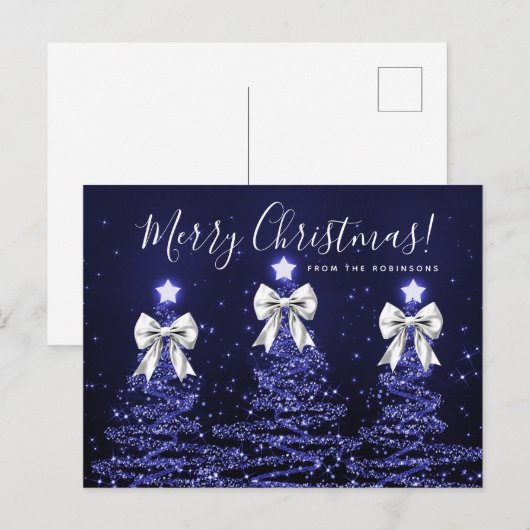 Elegant Holiday Navy Christmas Trees Silver Bows ポストカード (正面/裏面)