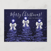 Elegant Holiday Navy Christmas Trees Silver Bows ポストカード (正面)