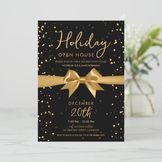 Elegant Holiday Open House Gold Bow Black 招待状 (スタンド正面)
