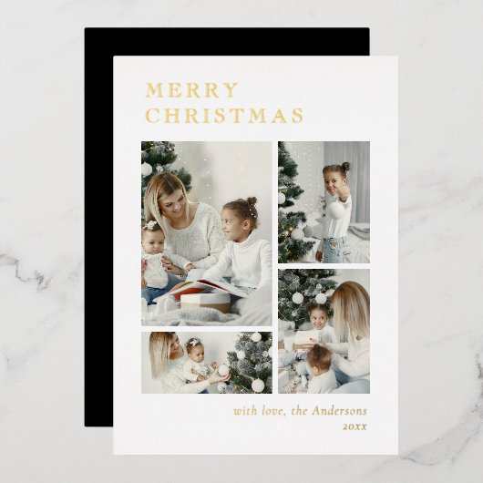 Elegant Holiday Photo Collage Christmas Card 箔シーズンカード (正面/裏面)