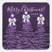 Elegant Holiday Purple Christmas Trees Bows Silver スクエアシール (正面)