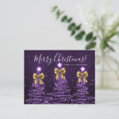 Elegant Holiday Purple Christmas Trees Gold Bows ポストカード (スタンド正面)
