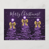 Elegant Holiday Purple Christmas Trees Gold Bows ポストカード (正面)