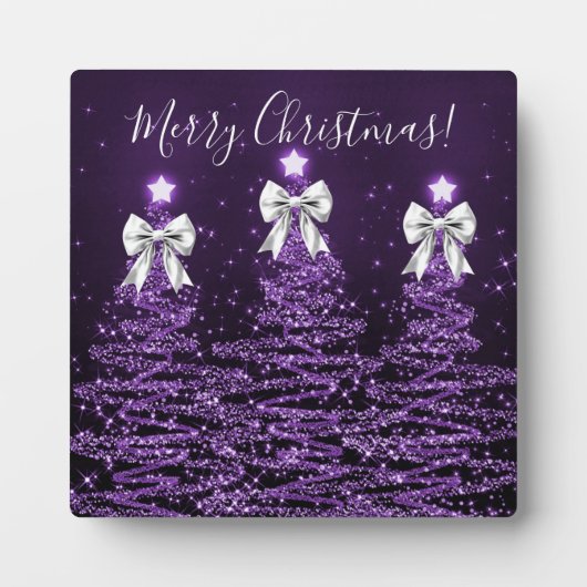 Elegant Holiday Purple Christmas Trees Silver Bows フォトプラーク (正面)