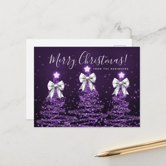 Elegant Holiday Purple Christmas Trees Silver Bows ポストカード (正面/裏面インサイチュ)