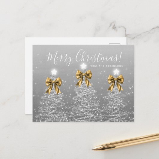 Elegant Holiday Silver Christmas Trees Gold Bows ポストカード (正面/裏面インサイチュ)