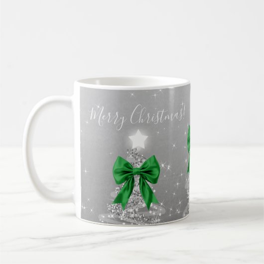 Elegant Holiday Silver Christmas Trees Green Bows コーヒーマグカップ (左)