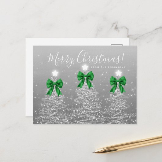 Elegant Holiday Silver Christmas Trees Green Bows ポストカード (正面/裏面インサイチュ)