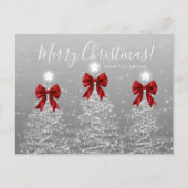 Elegant Holiday Silver Christmas Trees Red Bows ポストカード (正面)