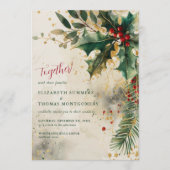 Elegant Holiday Wedding Holly & Ivy Gold Accents 招待状 (正面)