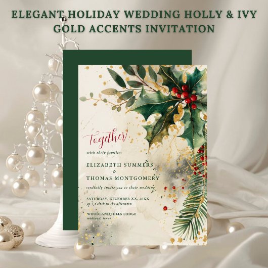 Elegant Holiday Wedding Holly & Ivy Gold Accents 招待状