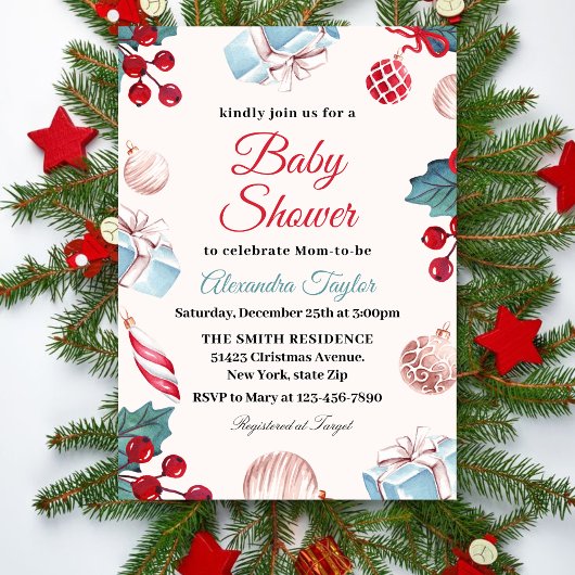 Elegant Holiday Winter Christmas Baby Shower 招待状